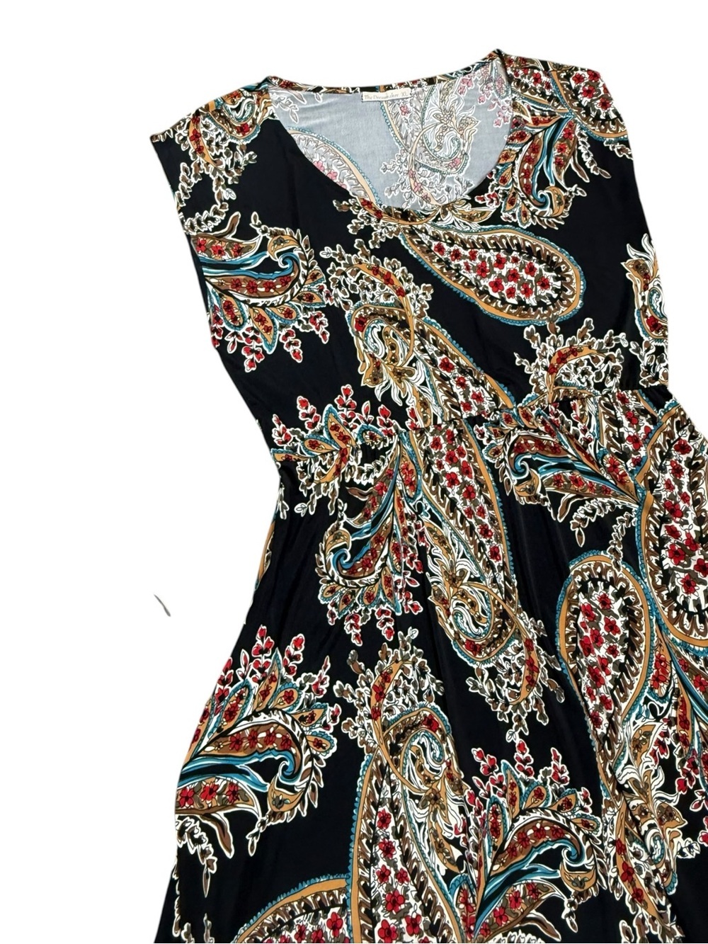 Boho Paisley Fit & Flare Midi Dress Navy Multi Colour Cap Sleeve Pockets Size XL - Picture 4 of 11